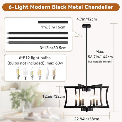 SIBRILLE 22.84" Black Metal Pendant Light, 6-Light Dining Room Light Fixture Modern Industrial Geometric Chandelier Lighting, Suitable for Villa Foyer, Kitchen Islands, and Farmhouse Living Rooms