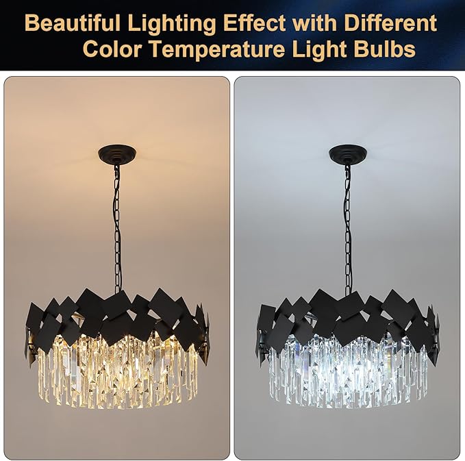 A AXILIXI Modern Crystal Drum Chandeliers 24" Black Round Chandelier Luxury K9 Crystal Chandeliers Light Fixture Flush Mount Chandelier Contemporary for Living Room Dining Room Foyer Staircase