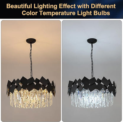 A AXILIXI Modern Crystal Drum Chandeliers 24" Black Round Chandelier Luxury K9 Crystal Chandeliers Light Fixture Flush Mount Chandelier Contemporary for Living Room Dining Room Foyer Staircase