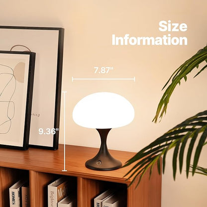 MAGCHARM Mushroom Lamp, 5W LED Cordless Rechargeable Table Lamp with Glass Shade, Small Retro Dimmable Touch Light with 3 Color Temps, Aesthetic Mid Century Bedside Light for Bedroom Ambient, Black