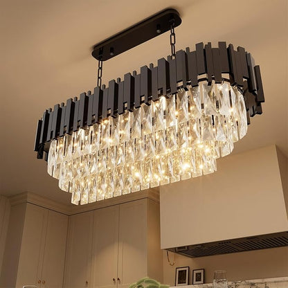 32" Black Rectangular Crystal Chandelier, Modern Flush-Mount 8-Light Ceiling Light Fixture, K9 Raindrop Luxury Pendant Lighting for Dining Room Living Room