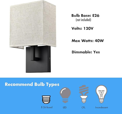 YUBOLE Wall Sconce Brushed Nickel Bedroom Wall Lights with Linen Shades for Bedroom Hallway Bathroom Set of 2