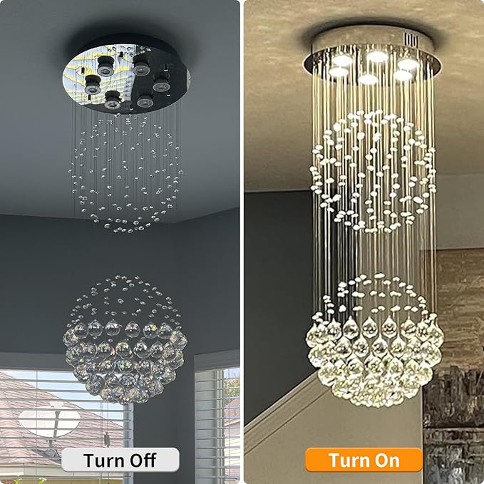 Crystal Modern Chandelier Contemporary 2 Balls Raindrop Crystal Chandelier Flush Mount Cylinder Chandelier Light Fixture Ceiling Lamp for Dining Room Living Room Kitchen Foyer Hallyway Bar