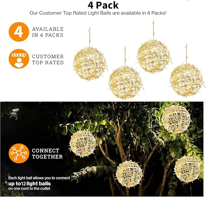 Outdoor Christmas Balls Lights 4 Pack Hanging 7.9" LED Garden Sphere Tree Lights 8 Modes Waterproof Glow Globe Lights with Memory Timer Plug for Party Yard Porch Eave Patio Xmas Decorations-Warm White