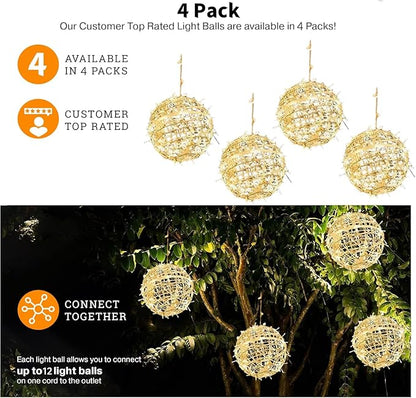 Outdoor Christmas Balls Lights 4 Pack Hanging 7.9" LED Garden Sphere Tree Lights 8 Modes Waterproof Glow Globe Lights with Memory Timer Plug for Party Yard Porch Eave Patio Xmas Decorations-Warm White