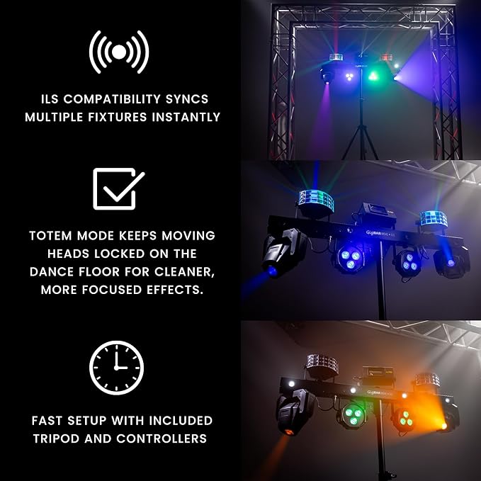 CHAUVET DJ – GigBAR Move + ILS 5-In-1 Lighting System | Moving Heads, Derbies, Washes, Laser & Strobe on One Bar | ILS Compatible | RF Remote, Tripod & Carry Bags Included