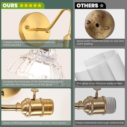 Vintage Battery Operated Wall Sconces Set Of Two, Indoor not Hardwired Brass Transparent Glass Lampshade Fixtures, Rechargeable Wireless RGB Wall Lights with Dimmable Remote, for Bedroom Living Room
