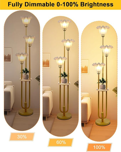 Flower Floor Lamp for Living Room, Dimmable Vintage Floor Lamp with Shelf & LED Bulbs, 3 Light 3000K Warmwhite Mid Century Gold Floral Tall Standing Lamp with 5Lbs Heavy Base for Bedroom