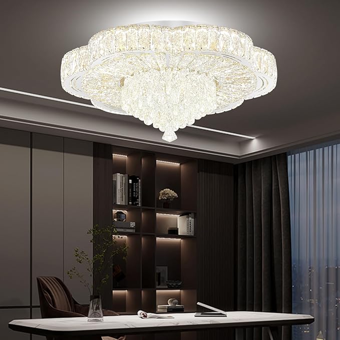 Modern Empire Crystal Chandelier Silver 24inches Crystal Raindrop Ceiling Light for Living Room Bedroom LED Infinity Dimmable 3000-6000K