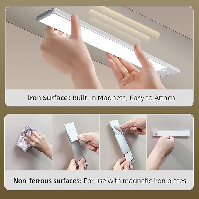 10inch Under Cabinet Lighting, 4 Pack Rechargeable Motion Sensor Light Indoor, Wireless Dimmable Magnetic Closet Lights, 40 LED Under Counter Lights for Kitchen, Wardrobe, Stairs, White Light