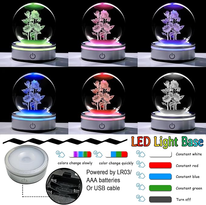 Arikyrist Crystal 3D Sunflower Bouquet 3.15in Ball Figurine Gifts for Women, Glass Floral Art Sphere for Room with LED Light Base Keepsake for Flower Lovers Home Decor Paperweight