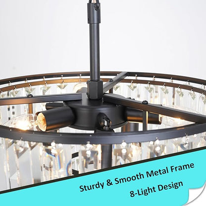 Black Crystal Chandelier for Dining Room, 24" Modern Round Top K9 Crystal Chandeliers 5-Tier 8 Lights Adjustable Ceiling Hanging Pendant Light Fixture for Living Room Bedroom Foyer