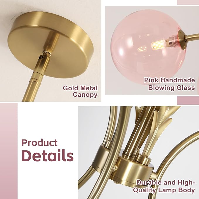BOKT Pink Gold Sputnik Semi Flush Mount Ceiling Pendant Light Antique Globe Vintage Mid Century Modern Glass Chandelier for Dining Room Bedroom Kitchen Hallway G9 Bulb Included