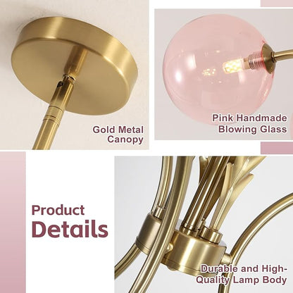 BOKT Pink Gold Sputnik Semi Flush Mount Ceiling Pendant Light Antique Globe Vintage Mid Century Modern Glass Chandelier for Dining Room Bedroom Kitchen Hallway G9 Bulb Included