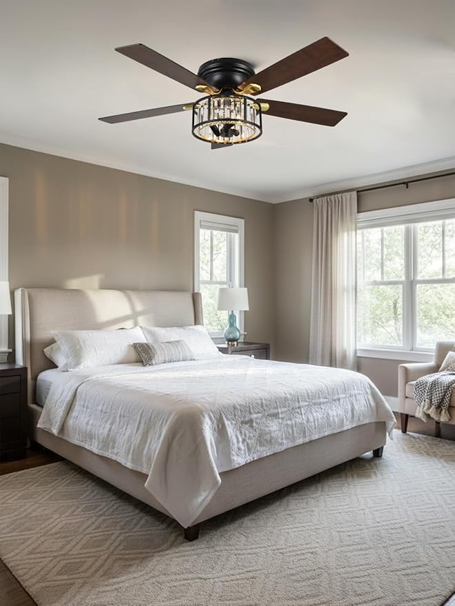 52" Flush Mount Crystal Ceiling Fan with Lights and Remote, Rustic Chandelier Ceiling Fan Low Profile Farmhouse Fandelier Light for Bedroom Living Room Kitchen, 3 E12 Bulbs (Not Included)