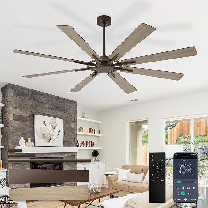 Ceiling Fan Without Light: 66 Inch Big Indoor Outdoor Fan with Remote APP Control - Brown Wood Grain Large Ceiling Fan no Light 8 Blade Reversible Quiet DC Motor Memory Function Timer