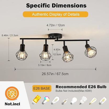 4-Light Track Lighting Fixtures Ceiling, Adjustable Black Track Light Fixture with Metal Wire Cage Farmhouse Chandelier for Dining Room,Kitchen, Bedroom, Hallway, E26 Base(Bulbs Not Included)