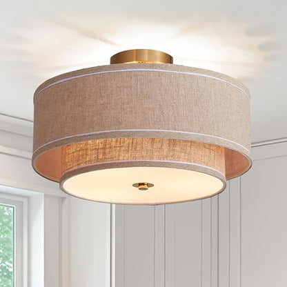 Shrine Lighting Double Drum Ceiling Light, Perfect Drum Light Fixture for Dining Room, D16'' x H7'', E12*3 Sockets, Beige Linen Fabric Lampshade & Gold Rod