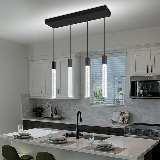 Bubble Crystal Column Chandelier, 4-Light Rectangular Black Crystal Chandelier, Dimmable Adjustable Height Luxury Pendant Light for Kitchen Island, Dining Room, Living Room