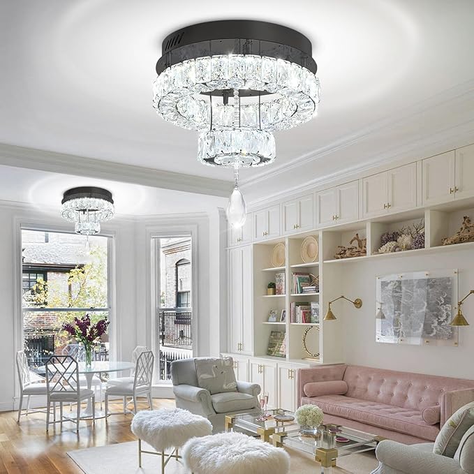 Flashing God Dia 12" Mini Chandelier Modern Crystal Chandeliers for Hallway Black Flush Mount Ceiling Light Modern Chandeliers Lighting for Bedroom Staircase Kitchen
