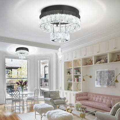 Flashing God Dia 12" Mini Chandelier Modern Crystal Chandeliers for Hallway Black Flush Mount Ceiling Light Modern Chandeliers Lighting for Bedroom Staircase Kitchen