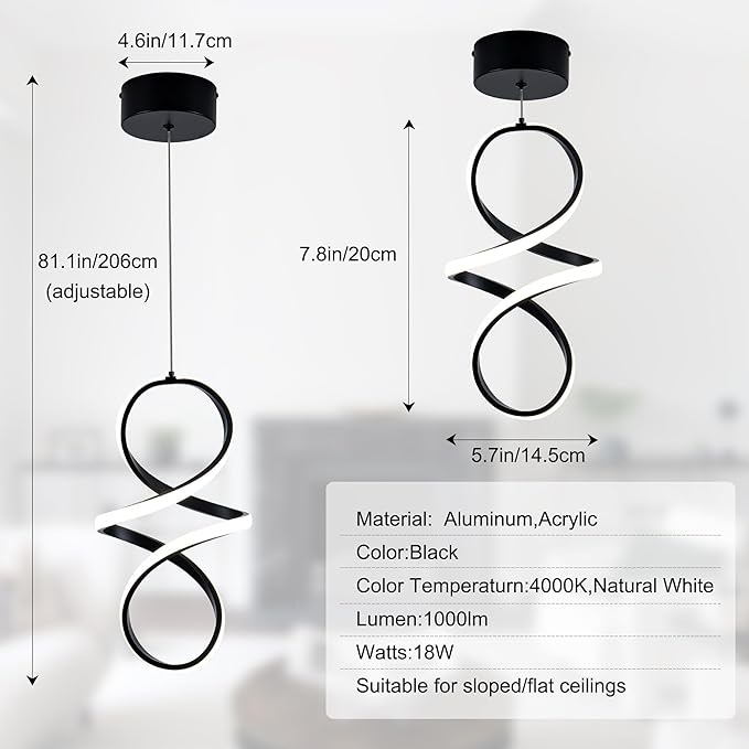 MAYNA Spiral Led Pendant Light Fixture,18W Modern Led Chandelier, 4000K Adjustable Height Hanging Light Fixture for Kitchen Living Room Bedroom Cafe Table, 1 Pack (Black)