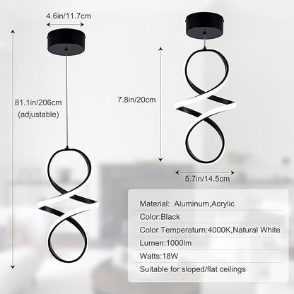 MAYNA Modern Spiral Led Chandelier, 4000K Pendant Light Kitchen Island, 18W Adjustable Height Island Light Fixture for Kitchen Bedroom Kitchen Island Cafe, 3 Pack (Black)
