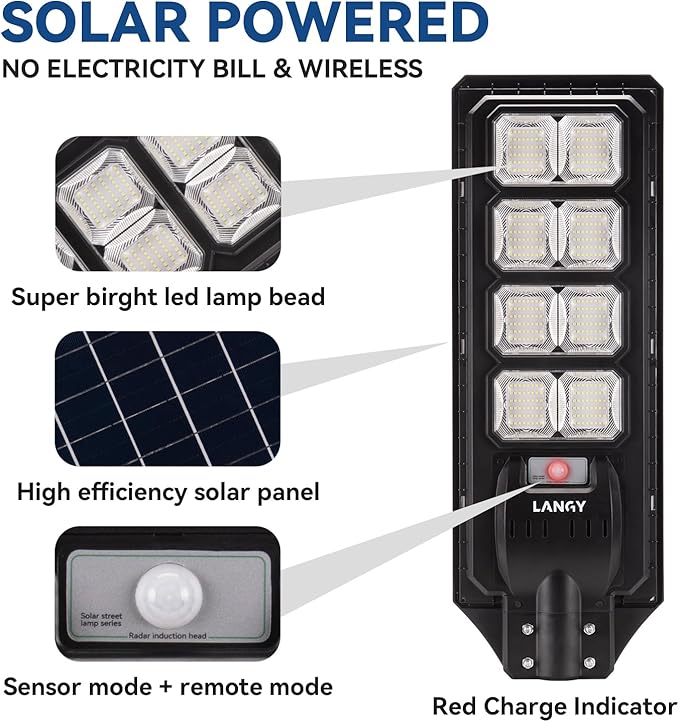LANGY 2PACK Solar Street Lights Outdoor Lamp 200000 lumens with Remote Control,Dusk to Dawn Motion Sensor,IP66 Waterproof Solar Powered Outdoor Lamp for Parking Lots,Yard,Barn Basketball Court