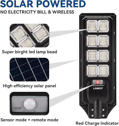 LANGY 2PACK Solar Street Lights Outdoor Lamp 200000 lumens with Remote Control,Dusk to Dawn Motion Sensor,IP66 Waterproof Solar Powered Outdoor Lamp for Parking Lots,Yard,Barn Basketball Court