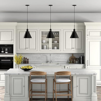 Henn&Hart 12" Industrial Dimmable Pendant Light Fixture with Black Metal Cone Shade and 8' Adjustable Cord for Kitchen Island, Dining Room or Game Room, Black