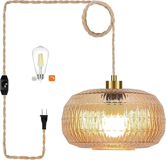 QIYIZM Plug in Pendant Light Hanging Lights with in Cord Mid Century Modern Gold Hanging Lamp Flower Glass Amber Vintage Dimmable Chandelier Ceiling Fixture for Living Room,Kitchen,Boho