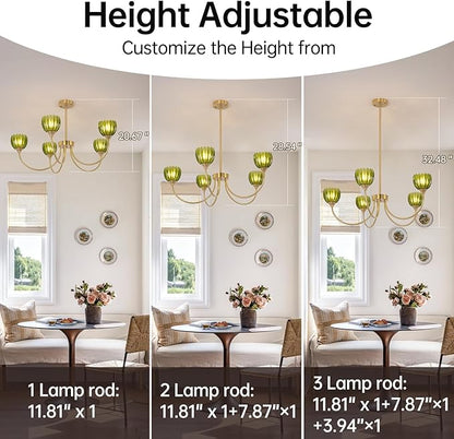 Shenmoyl 30.31" Brass Gold Chandelier, 5-Light Chandelier Light with Green Tulip Glass Lampshade, Height Adjustable Vintage Chandeliers for Dining Room Living Room Kitchen Island