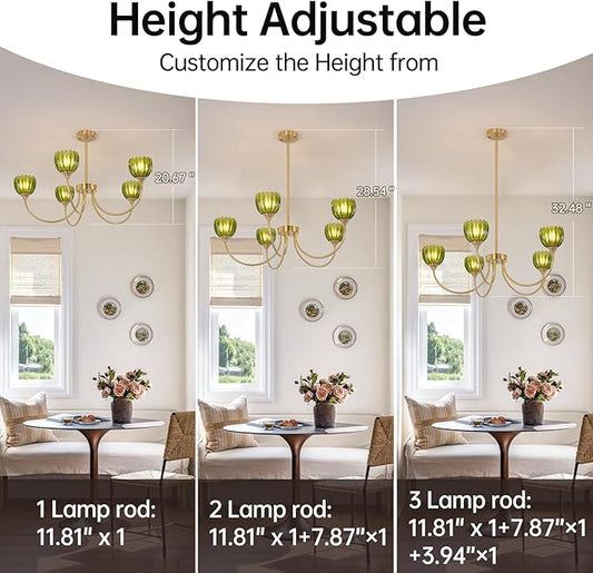 Shenmoyl 30.31" Brass Gold Chandelier, 5-Light Chandelier Light with Green Tulip Glass Lampshade, Height Adjustable Vintage Chandeliers for Dining Room Living Room Kitchen Island