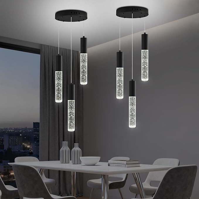 Modern Crystal Chandelier for Kitchen Island 3-Lights, Elegant Black LED Bubble Pendant Lighting Fixture for Dining Room Bedroom Entryway