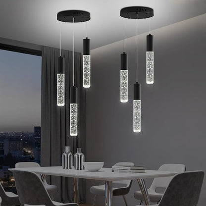 Modern Crystal Chandelier for Kitchen Island 3-Lights, Elegant Black LED Bubble Pendant Lighting Fixture for Dining Room Bedroom Entryway