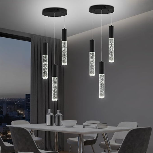 Modern Crystal Chandelier for Kitchen Island 3-Lights, Elegant Black LED Bubble Pendant Lighting Fixture for Dining Room Bedroom Entryway