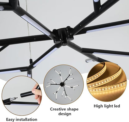 Modern LED Linear Chandelier,Black Mid Century Modern Pendant Light,Adjustable Height Branch Style Chandelier for Dining Room,Kitchen Island,Living Room,Staircase,Easy to Install