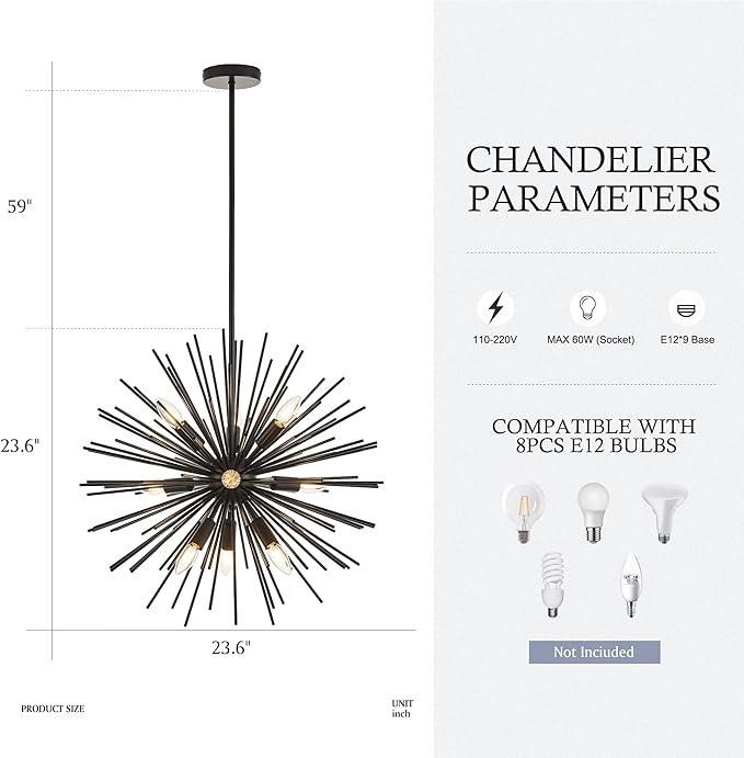 23.6" 9-Light Black Sputnik Chandelier Modern Industrial Adjustable Firework Globe Ceiling Fixture for Living Room, Entryway, Dining, Bedroom, Hallway, Stairway