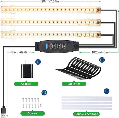 RWNTAO 3 Head 7.8 Inches LED Grow Light Strips, Grow Lamps for Indoor Plants Full Spectrum 3000K, 72 LEDs Plant Light Strips with 3/9/12H Timer, 10 Dimmable Levels for Seedling Succulent