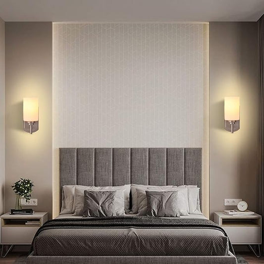 Modern Wall Sconces Set of 2, Bathroom Vanity Lights with White Frosted Glass, Wall Lighting Fixtures Satin Nickel for Entryway Over Mirror Living Room Bedroom