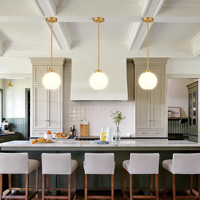 1 Pack 7.2-Inch Globe Pendant Lights, Mid Century Gold Pendant Light Fixtures, Globe Pendant Lights Kitchen Island with Milk Glass Shade Adjustable Hanging Fixture for Dining Room (Bulbs not Included)