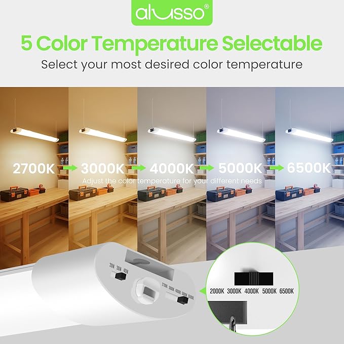 ALUSSO® LED Shop Lights for Workshop 4FT, 4800LM Super Bright, 40W/30W/20W, 6500K 5000K 4000K 3000K 2700K 5CCT Selectable, Linkable Linear Work Light for Garage Basement, ETL, 1 Pack