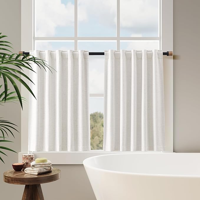 Nanspring 100% Blackout Kitchen Linen Curtains Back Tab Small Drape 36 Inch Length Privacy Natural Elegant Short Black Out Cafe Curtain Tier for Thermal Insulated Bedroom Cabinet Cream Ivory 30x36