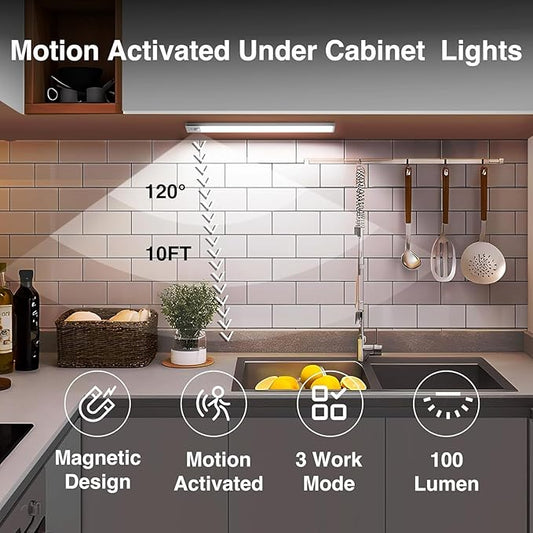 Under Cabinet Lighting, 2 Pack Under Cabinet Lights Rechargeable, Motion Sensor Light Indoor, 3 Color Temps, 5 Levels Dimmable Magnetic Closet Lights, Wireless Under Counter Lights for Kitchen, Stairs