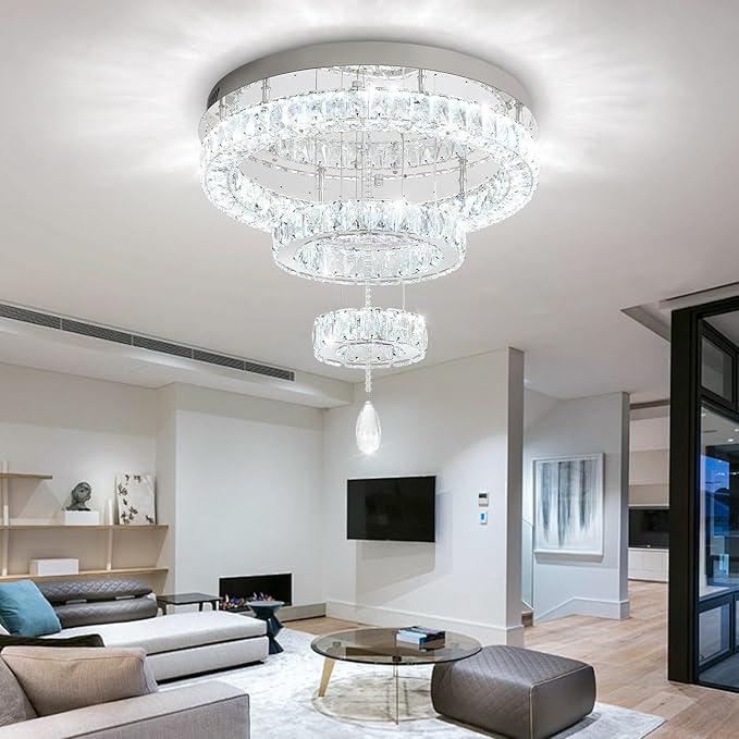 Flashing God Modern Crystal Chandelier Bedroom Chandeliers Flush Mount Ceiling Chandelier Light Fixture for Dining Room Entrance LED Dimmable Silver Ring Chandeliers