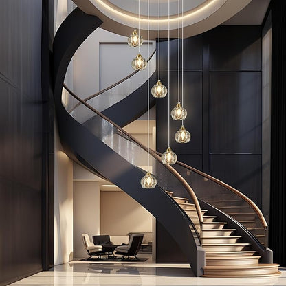 Weesalife Crystal Chandeliers for Staircases, 7-Light Gold Modern Chandeliers for High Ceilings，Crystal Pendant Light Fixture for Living Room Kitchen Island Foyer Hallway Bar