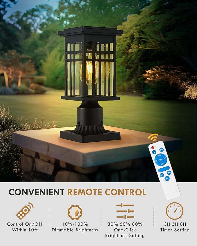 Solar Lamp Post Light, HWH 12 Inch Black Exterior Post Light for Yard Garden with Remote Control, Die-Cast Aluminum with Clear Glass Shade, 5HD36P SL BK