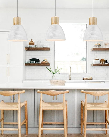 ELYONA 10.2” Hammered Pendant Light Fixtures, Metal & Rubber Wood Island Hanging Lamp, Adjustable Height, Modern Pendant Lighting for Kitchen,Farmhouse Bar,Dining Room,Bedroom, Nordic White
