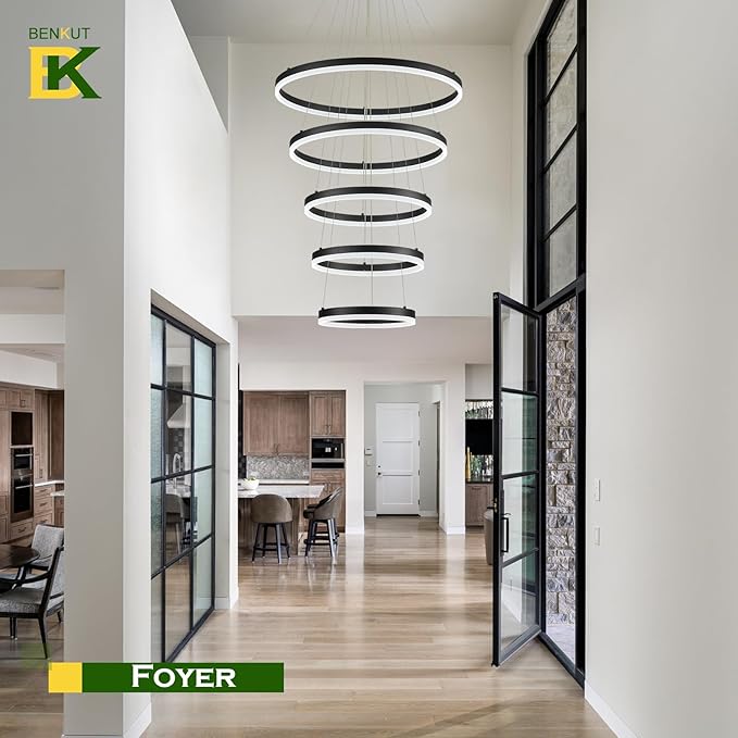 Benkut 5-Rings Modern LED Chandelier Black High Ceiling Chandelier with Remote Control Dimmable Pendant Lighting for Dining Room Foyer Living Room Entryway Staircase(3000K-6500K, D23.6in)