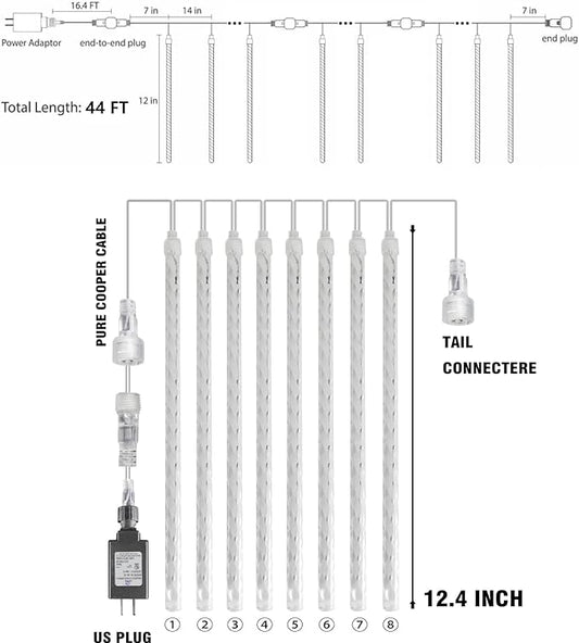 TW SHINE Christmas Meteor Shower Lights Outdoor, 864 LED 12" 24 Tubes Waterproof Christmas Lights Outdoor Plug in, Snow Falling Rain Icicle Xmas Light Decorations, Warm White